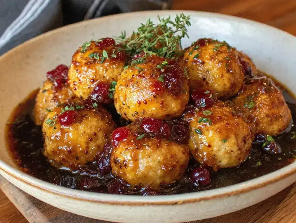 cranberry mostarda glazed turkey meatballs - featured image