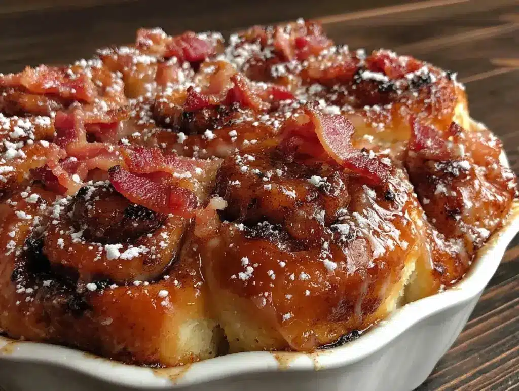 maple bacon cinnamon roll casserole - featured image