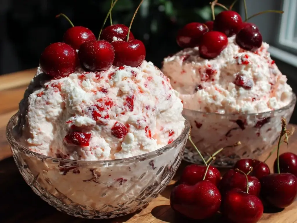 creamy cherry cheesecake fluff dessert - featured image