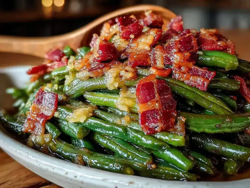 crispy crack green beans with bacon - featured image