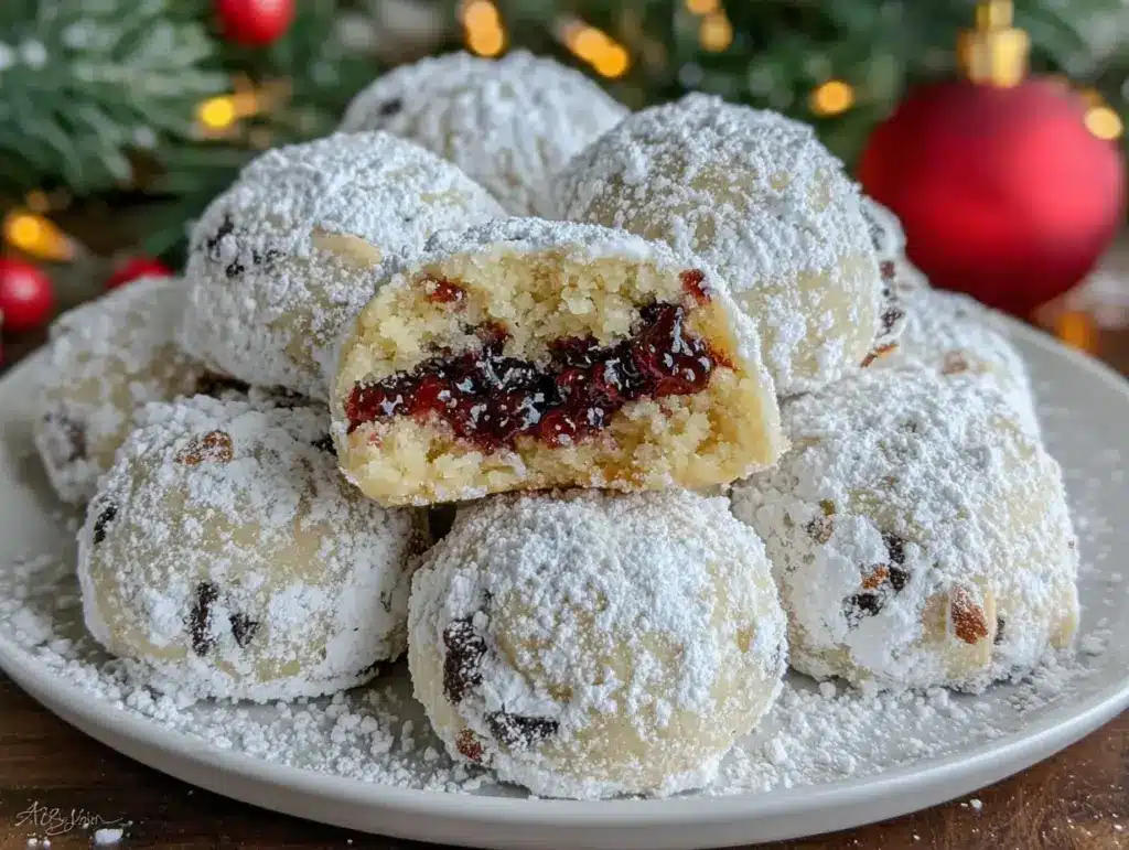 raspberry almond snowball cookies - featured image