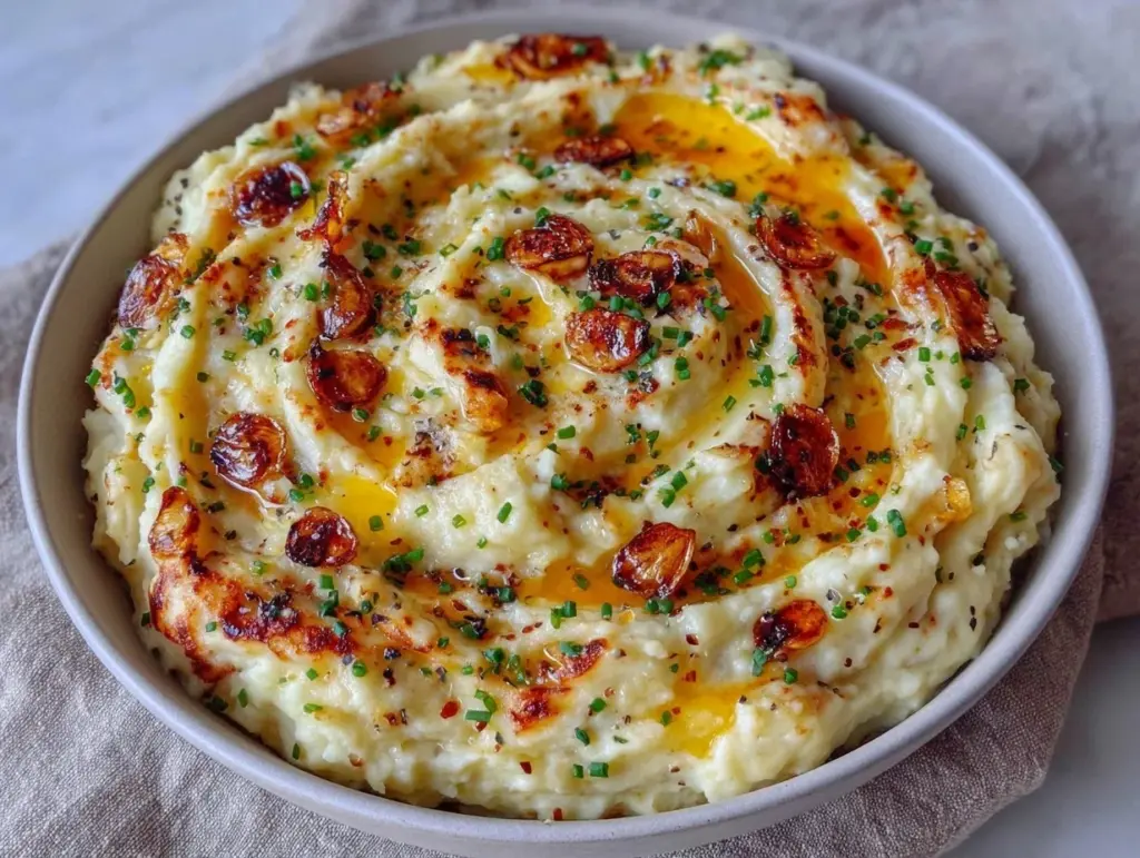 creamy roasted garlic mashed potatoes - featured image