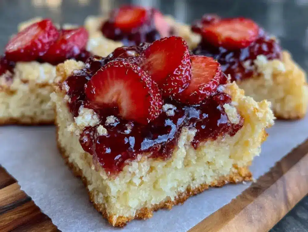 easy creamy strawberry shortbread bars - featured image