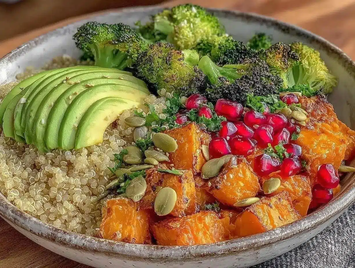 wholesome grain bowl with roasted sweet potato avocado preparation steps