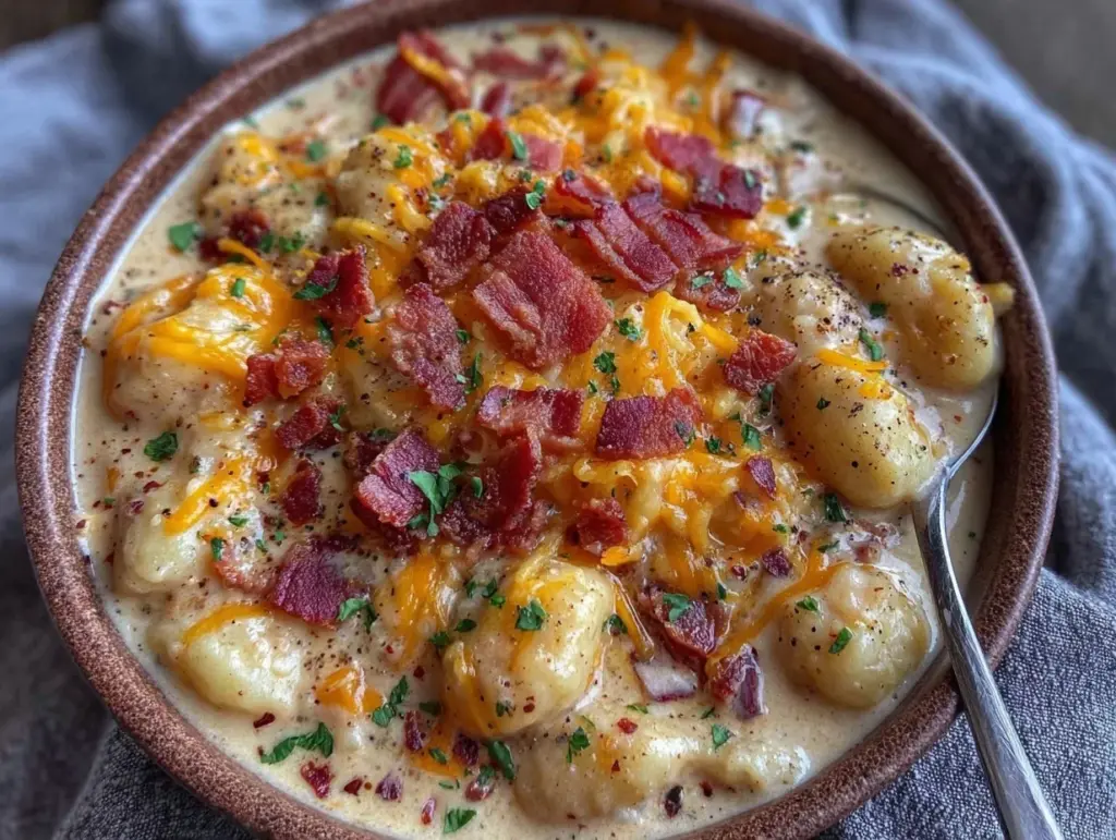 creamy bacon cheddar gnocchi soup - featured image