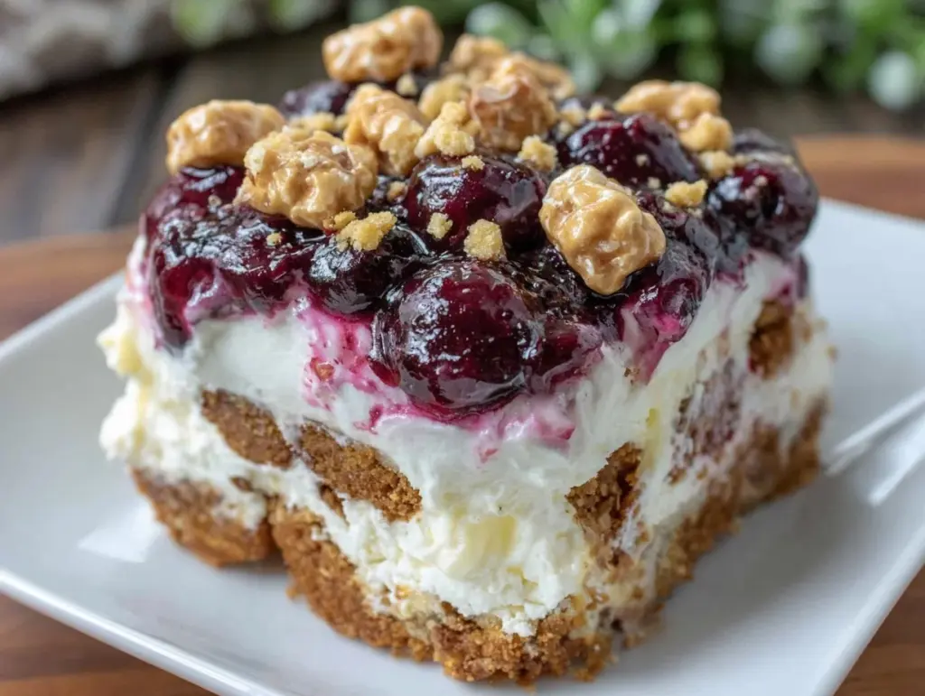 creamy blueberry pretzel salad recipe - featured image