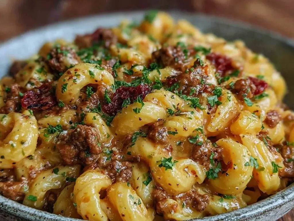 creamy cheeseburger Alfredo pasta - featured image