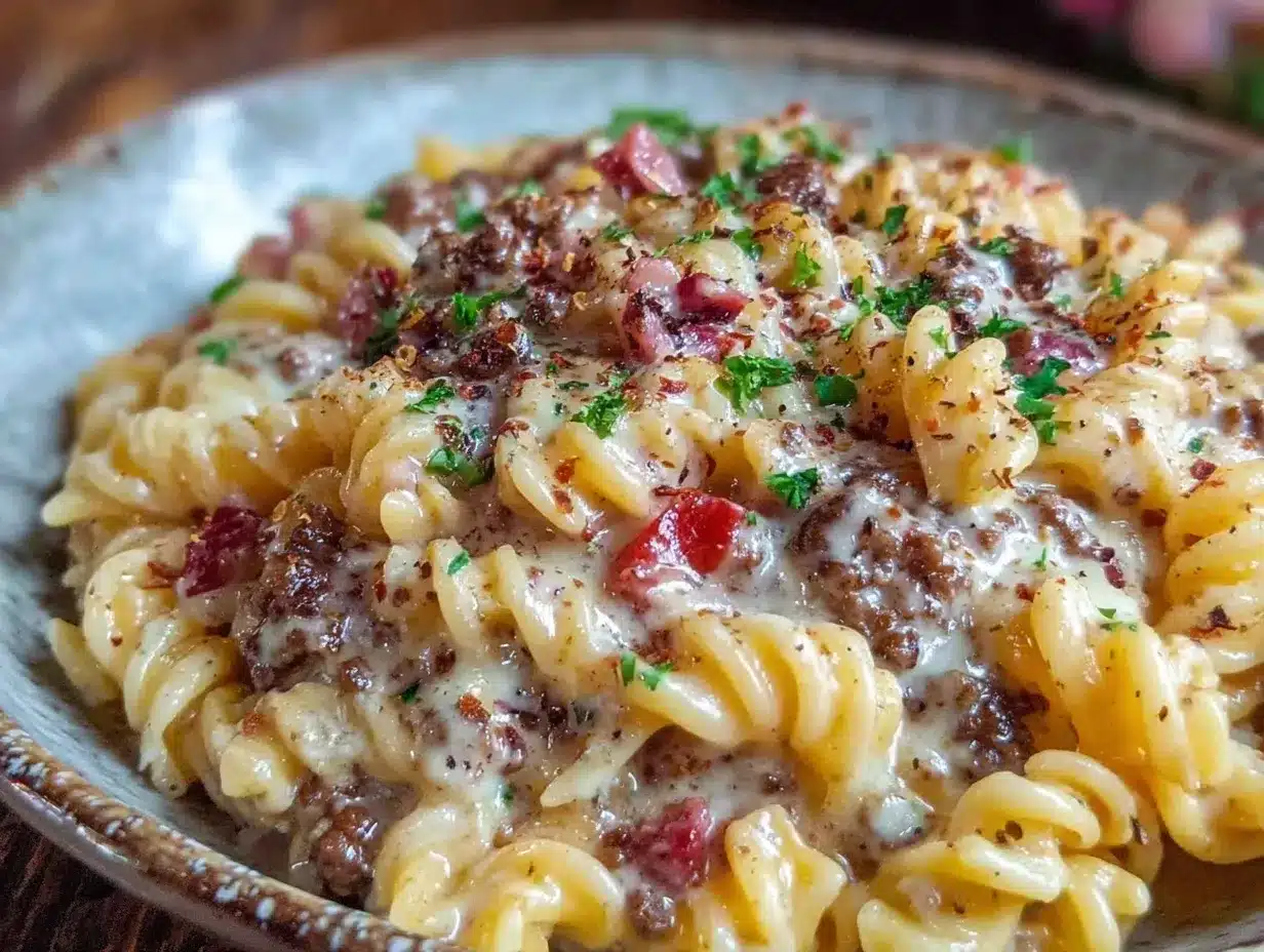 creamy cheeseburger Alfredo pasta preparation steps