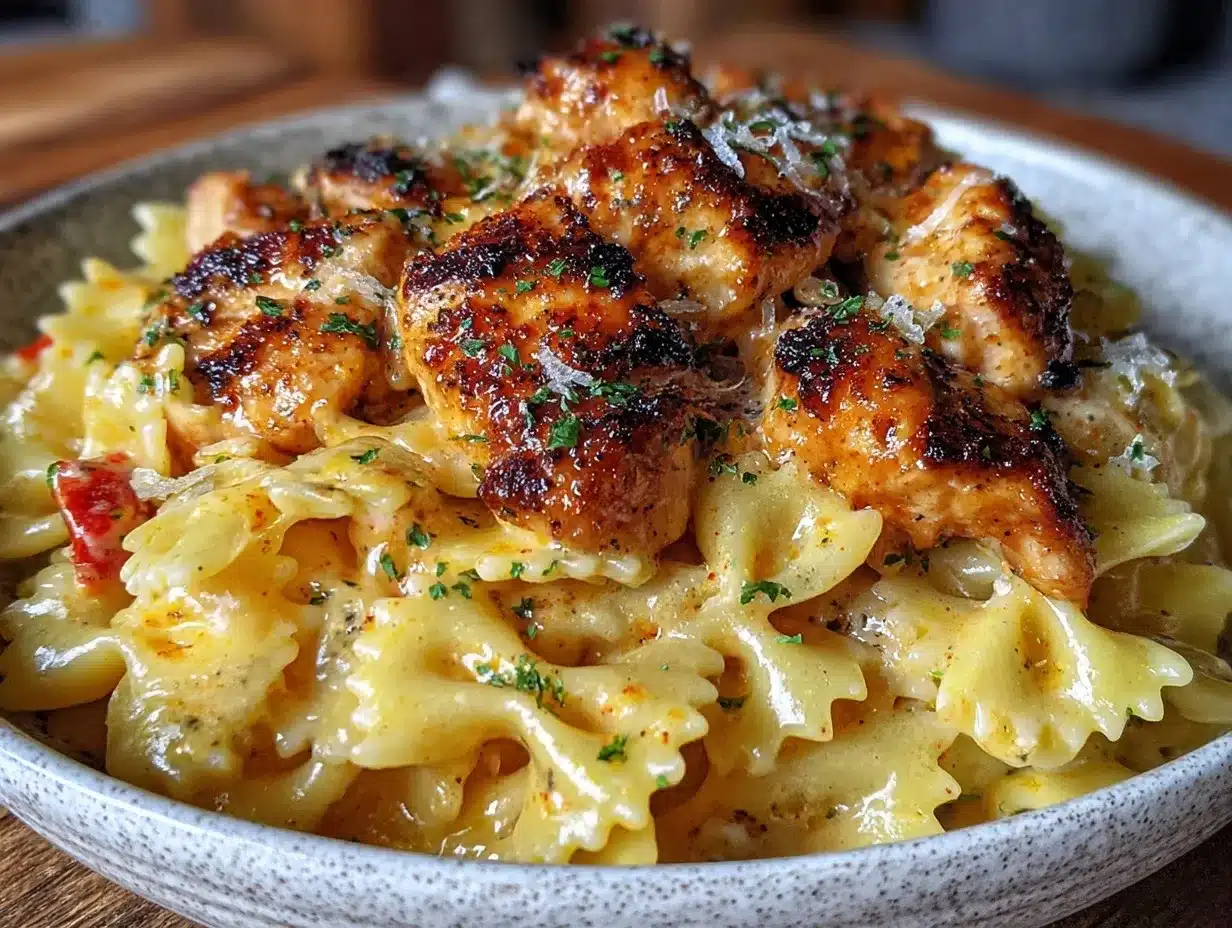 creamy cheesy garlic butter chicken bowties preparation steps