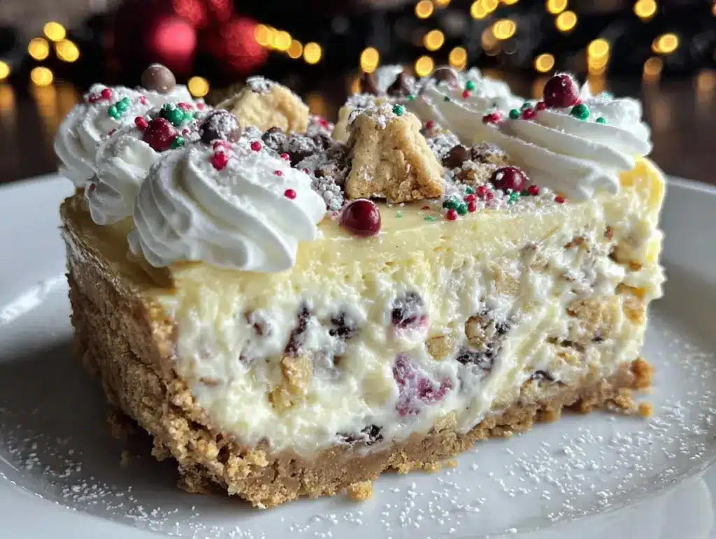 creamy christmas cookie dough cheesecake - featured image