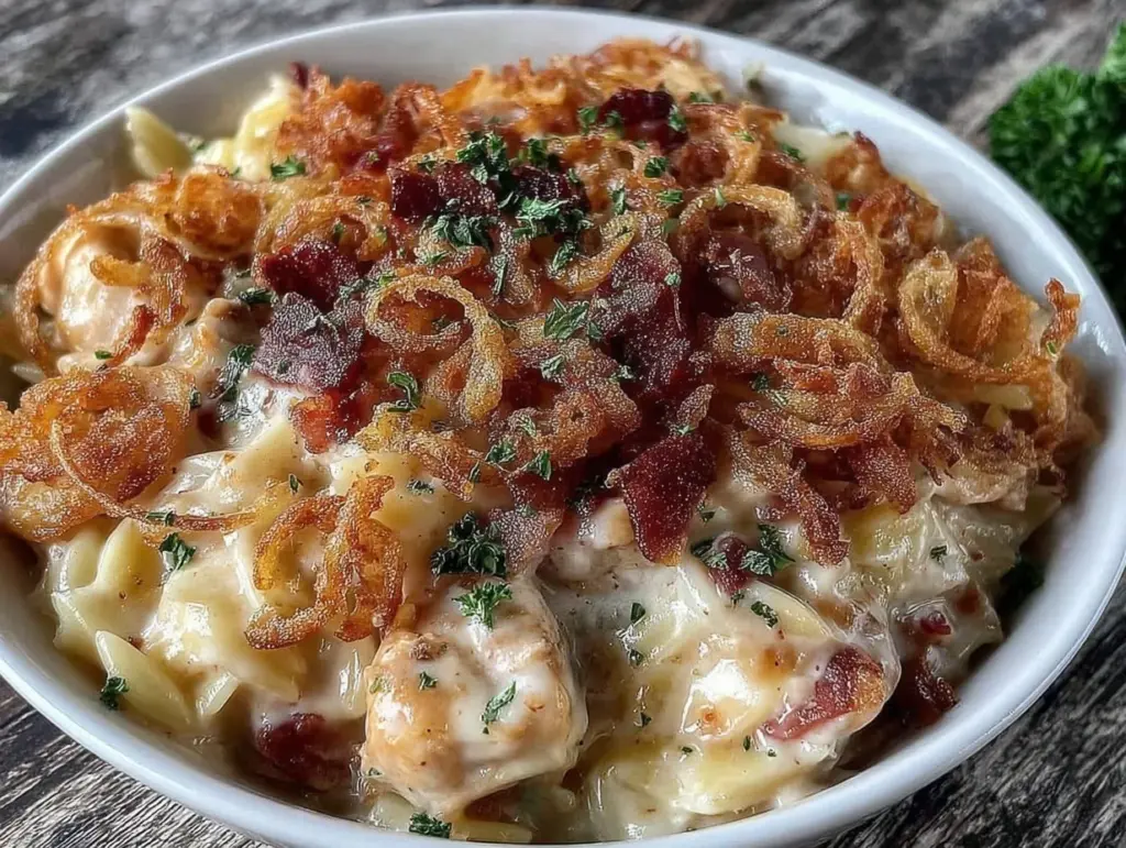 creamy french onion chicken orzo casserole - featured image