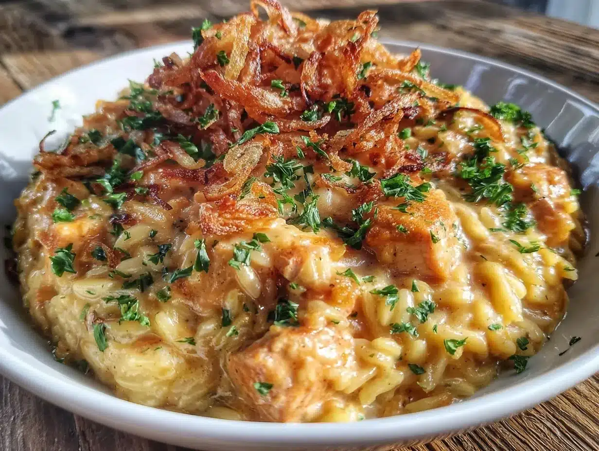 creamy french onion chicken orzo casserole preparation steps