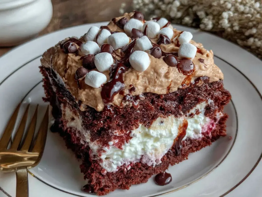 creamy hot chocolate poke cake - featured image