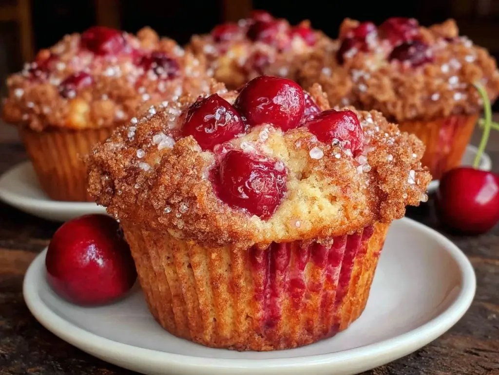 fluffy cherry cobbler muffins - featured image