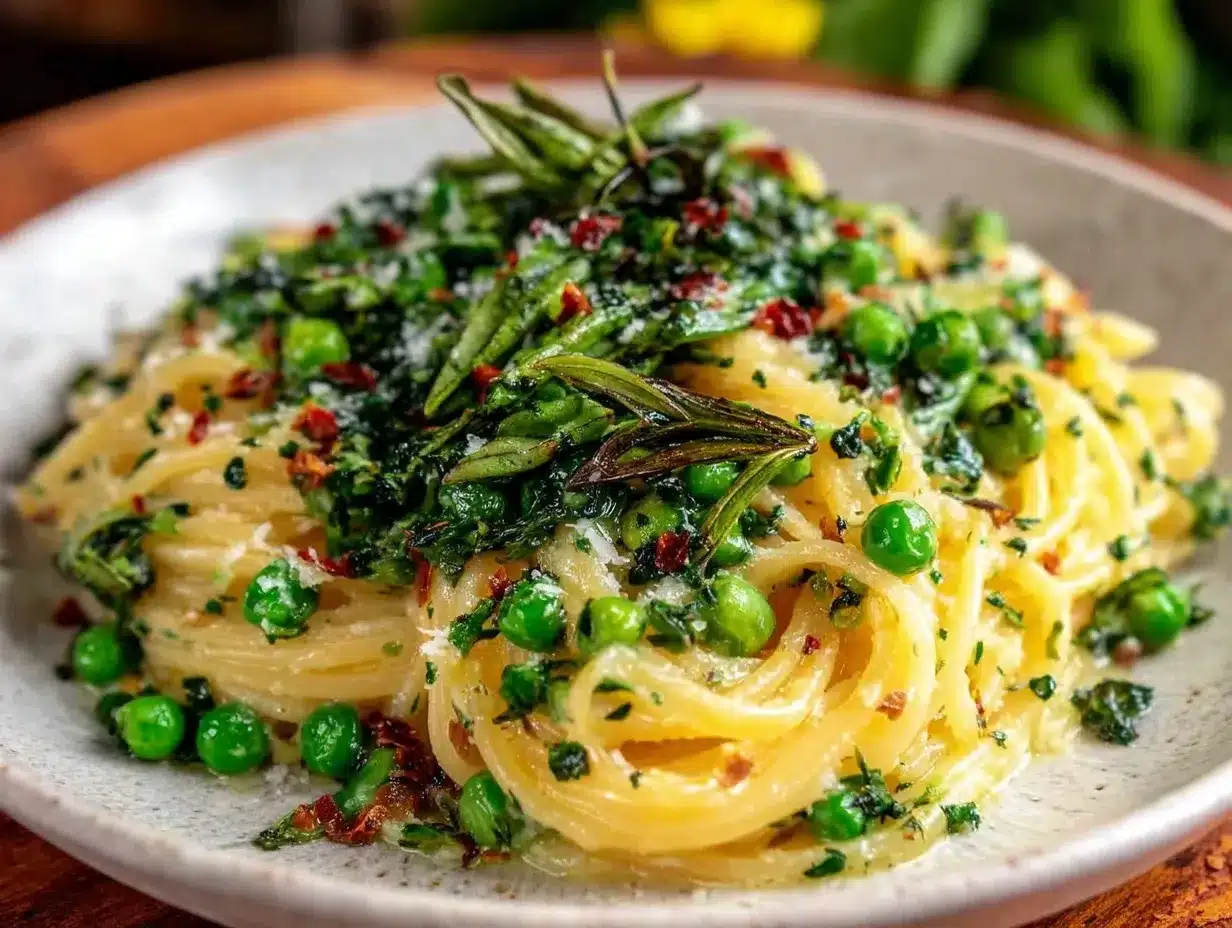 fresh herb and pea pasta preparation steps