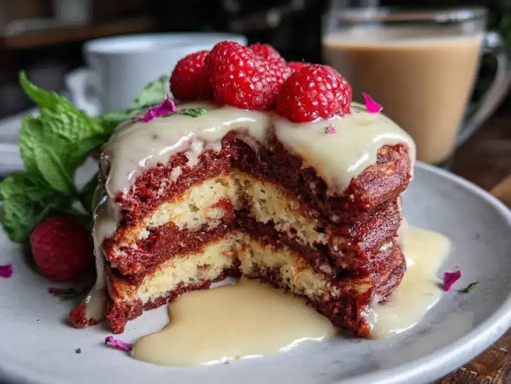 heart-shaped red velvet pancakes - featured image