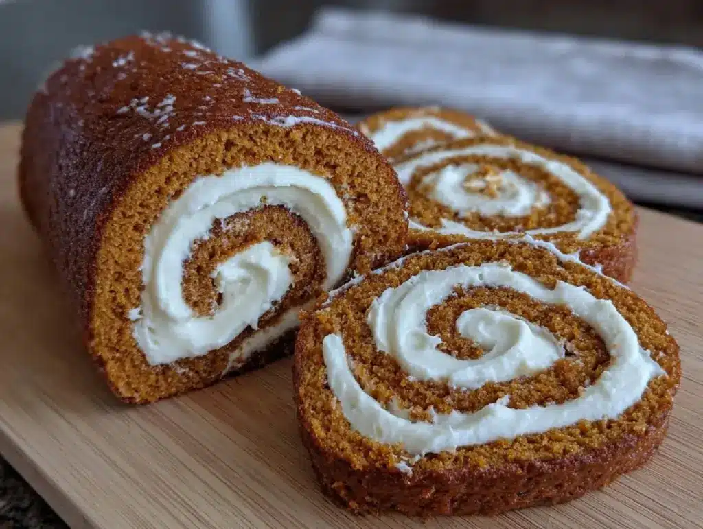 moist homemade pumpkin roll with cream cheese filling - featured image