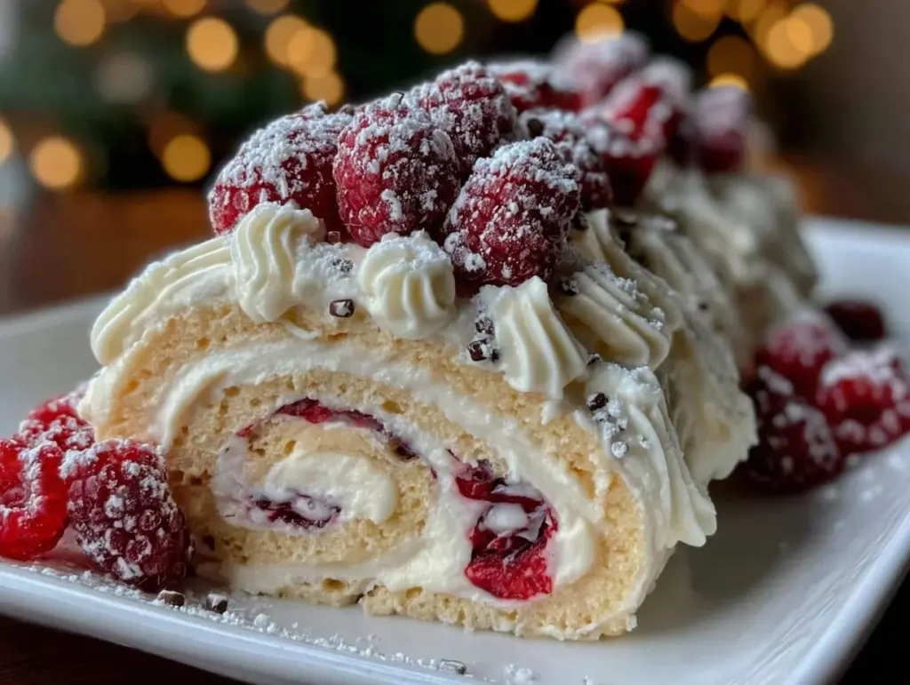white chocolate raspberry yule log cake - featured image