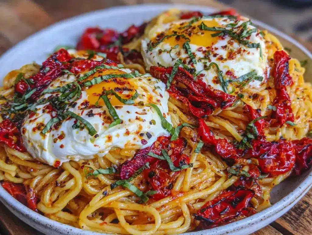 creamy burrata and roasted red pepper pasta - featured image