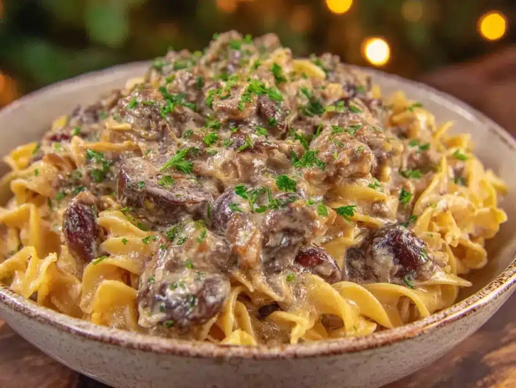 creamy ground beef stroganoff - featured image