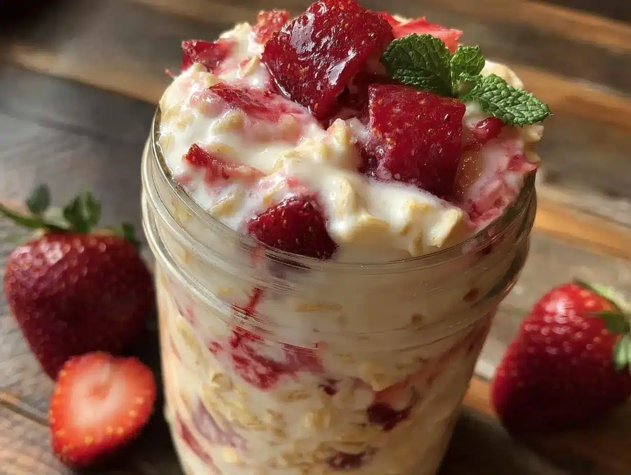 creamy strawberry cheesecake overnight oats preparation steps