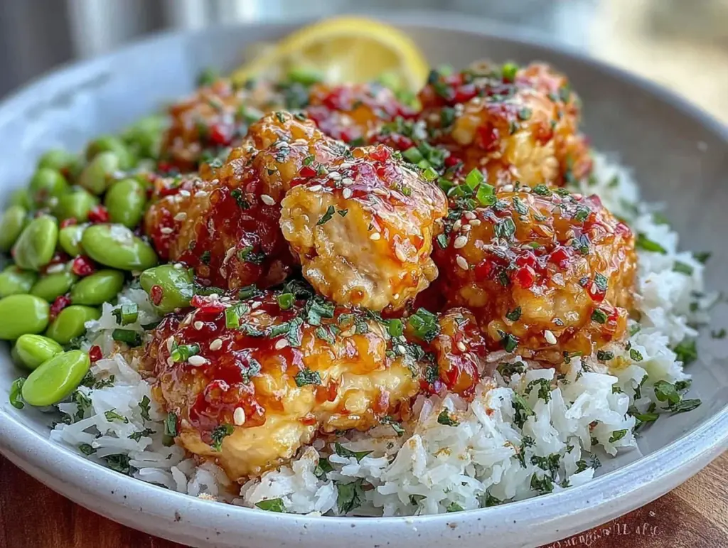 crispy mandarin orange chicken bowls - featured image