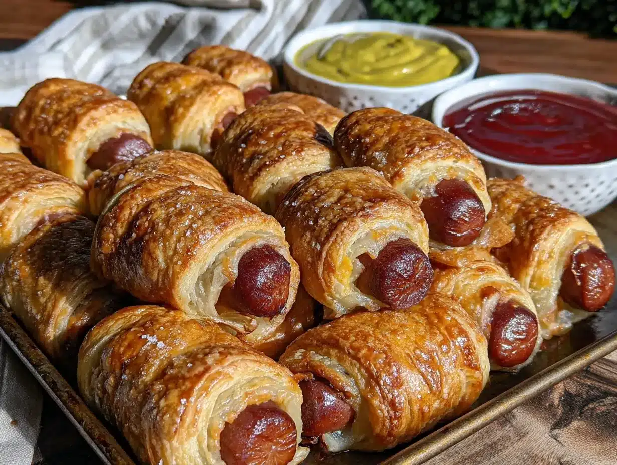 crispy sheet pan mini hot dogs in puff pastry preparation steps