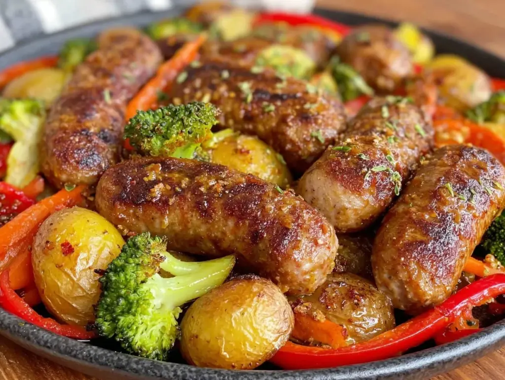 crispy sheet pan sausage and vegetables - featured image