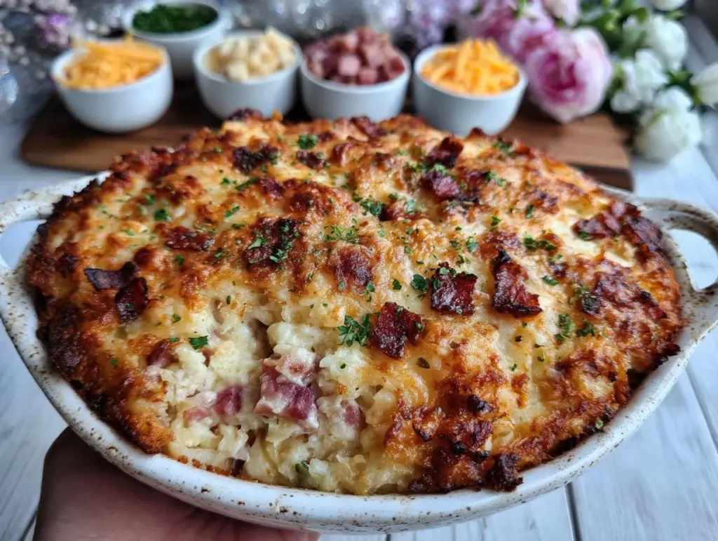 easy overnight ham and cheese hash brown casserole - featured image