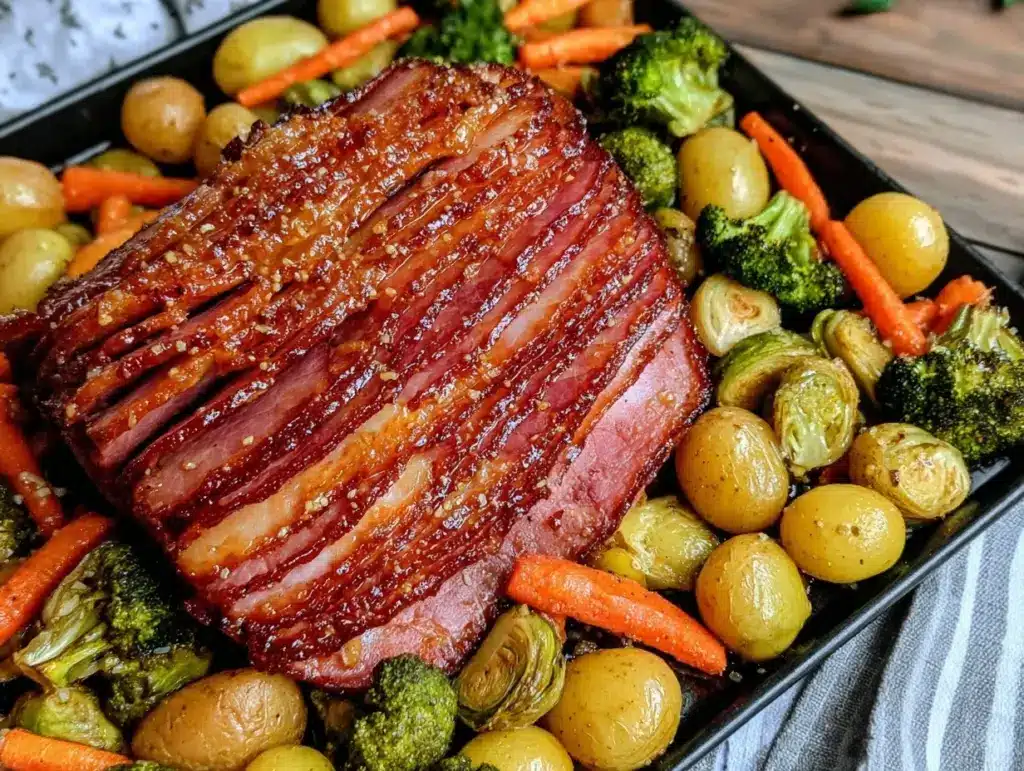 easy sheet pan honey glazed ham - featured image
