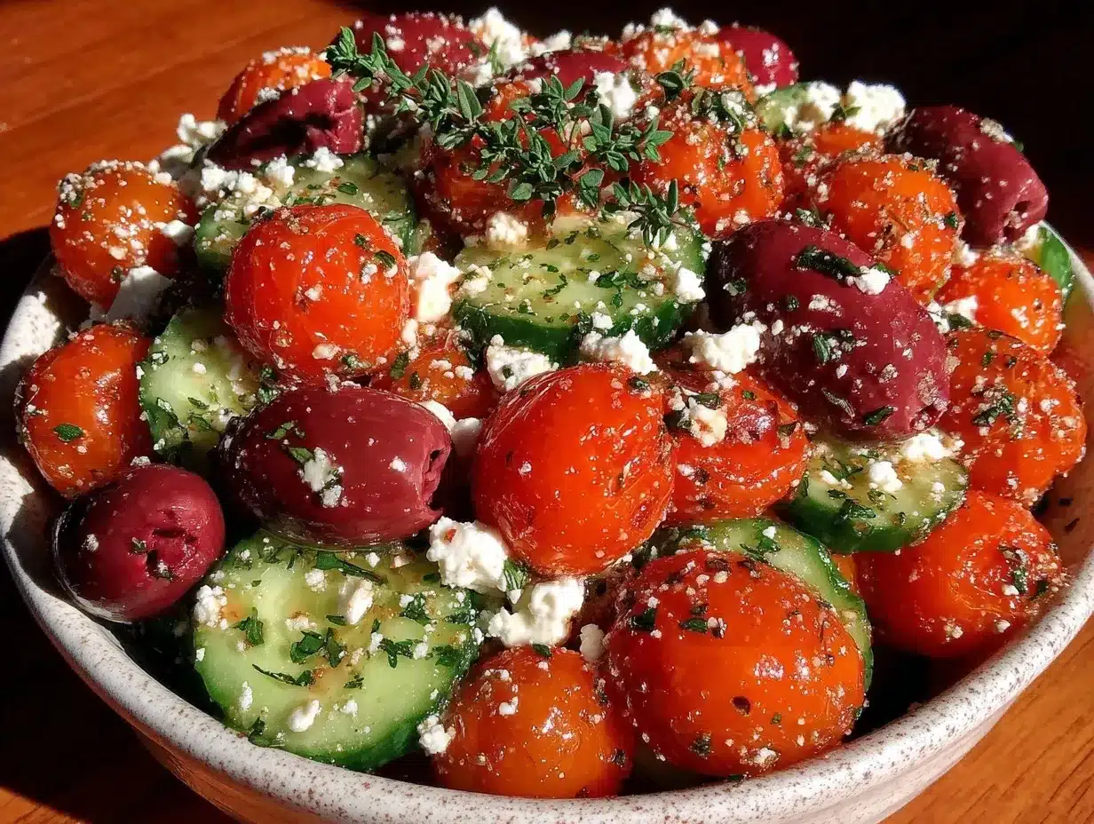 fresh cucumber tomato feta salad preparation steps