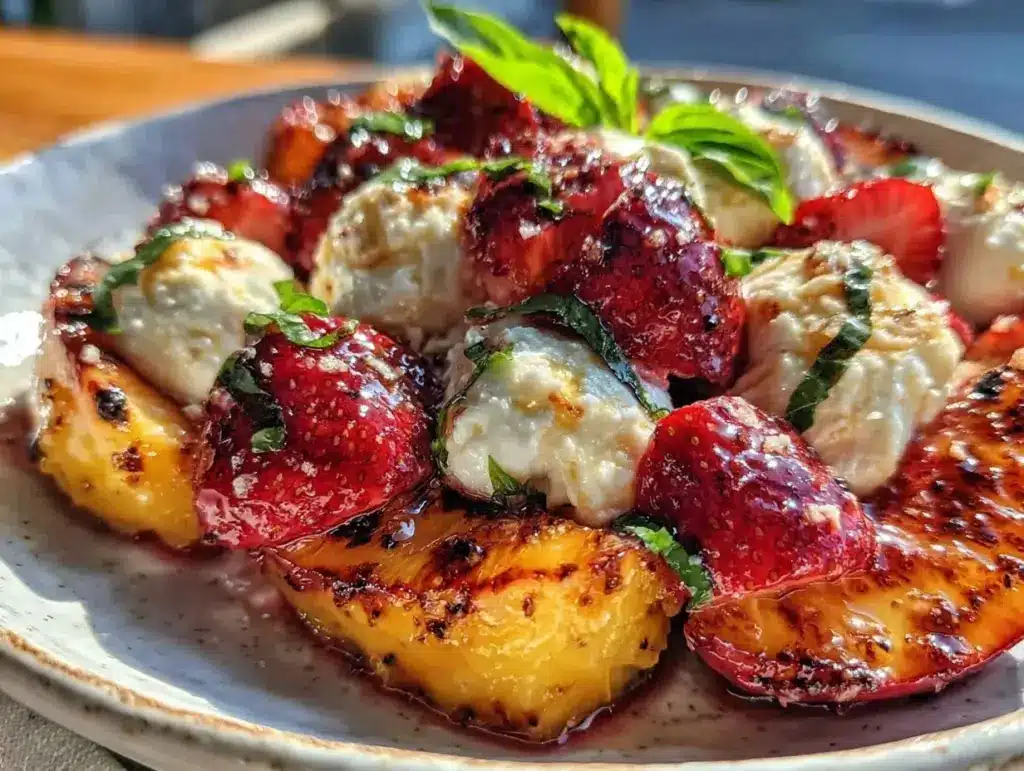 fresh grilled peach and strawberry salad - featured image