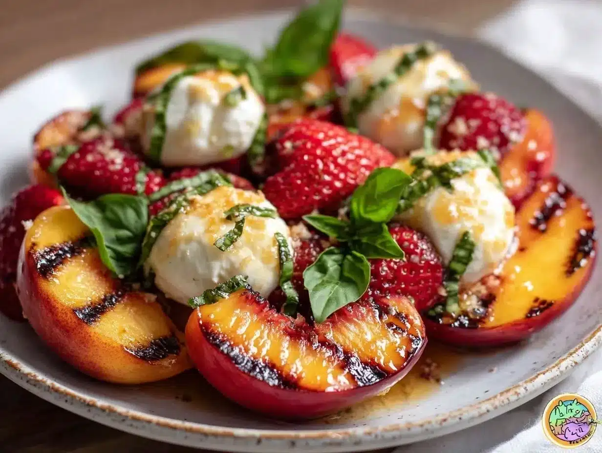fresh grilled peach and strawberry salad preparation steps