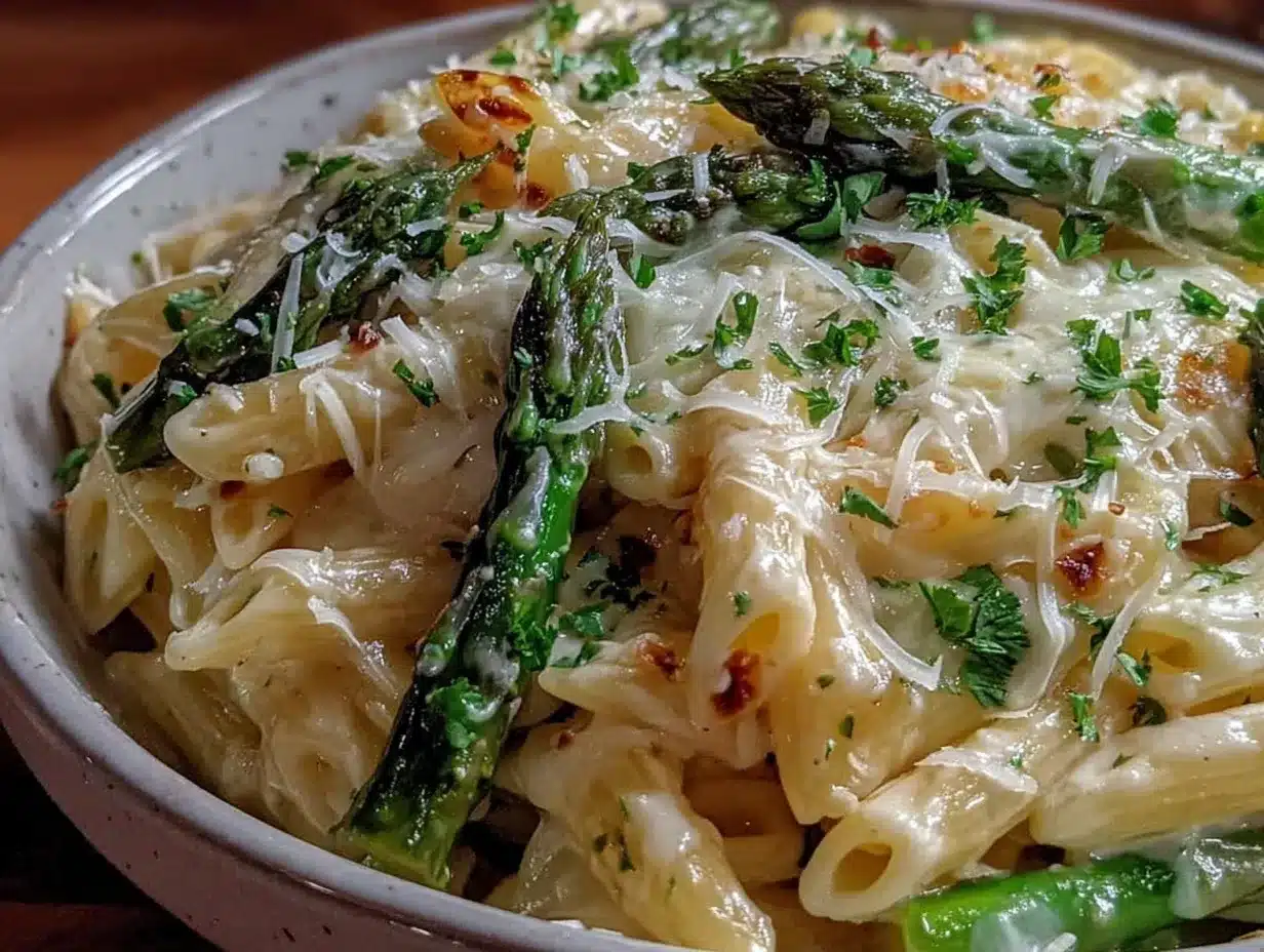 one-pot creamy asparagus penne preparation steps