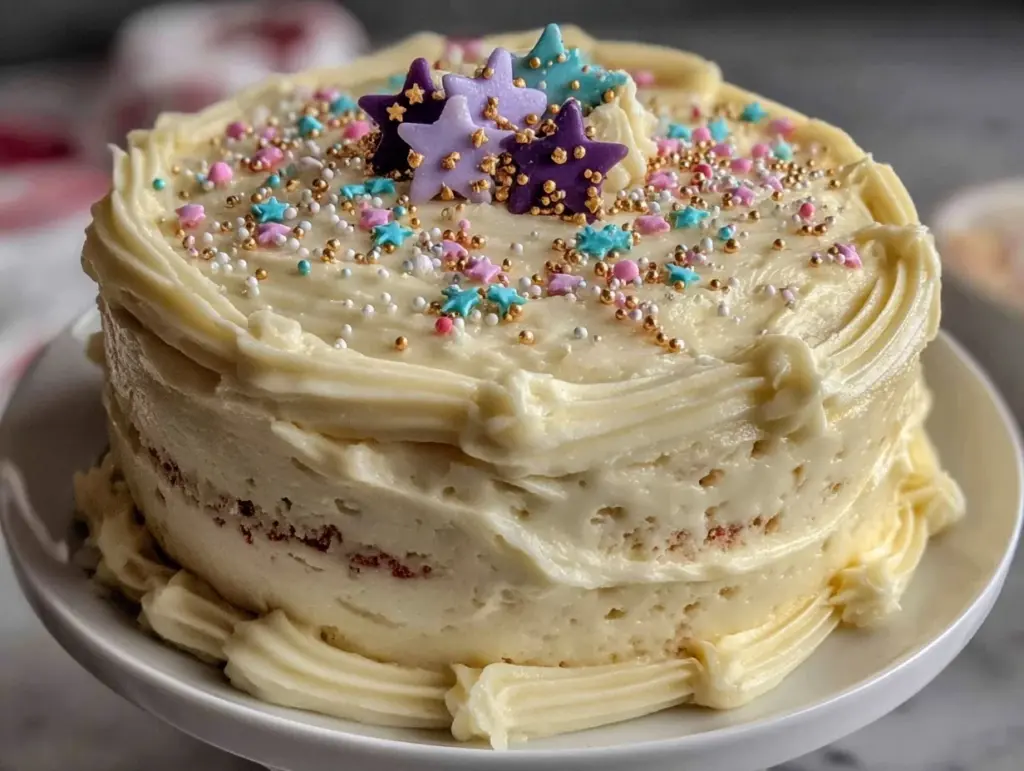 two-tier vanilla buttercream cake - featured image