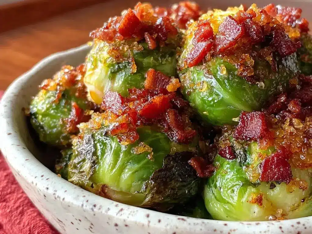 crispy air fryer brussels sprouts with bacon - featured image