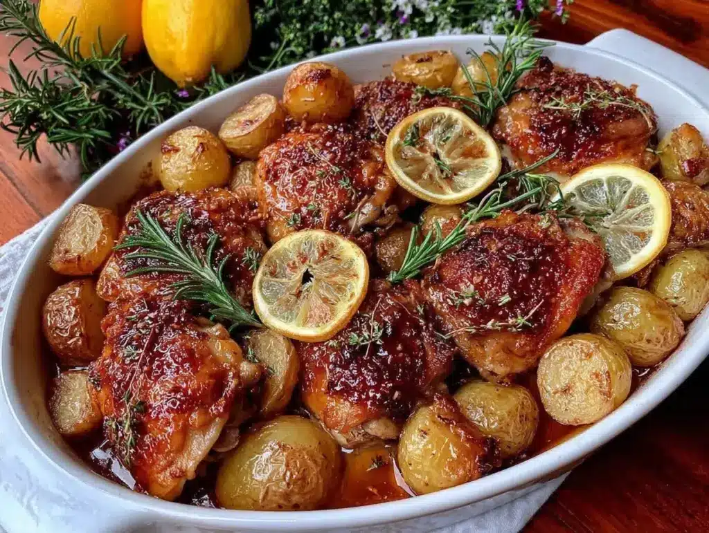 easy crispy one pan lemon herb chicken - featured image