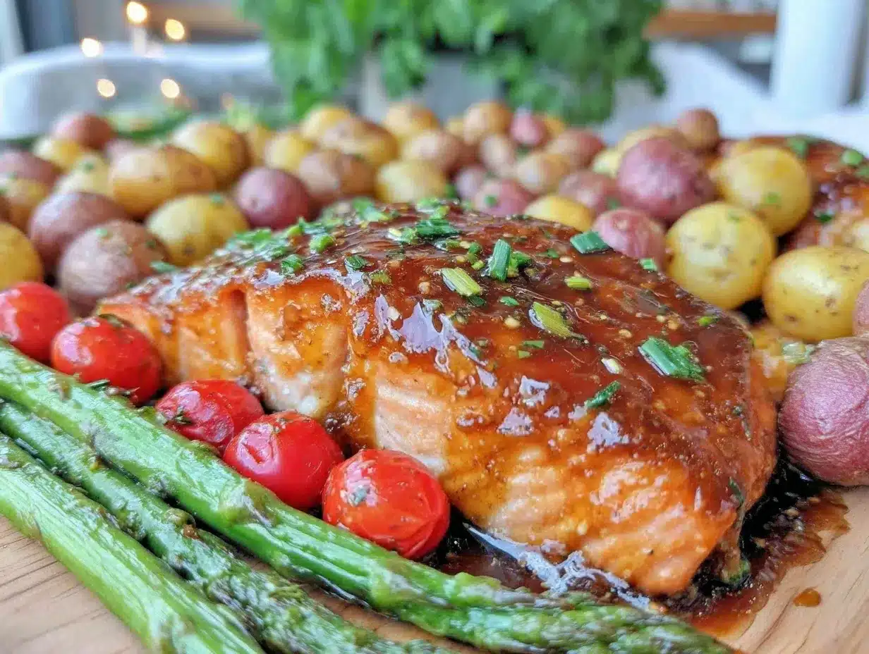 easy crispy honey garlic salmon sheet pan dinner preparation steps