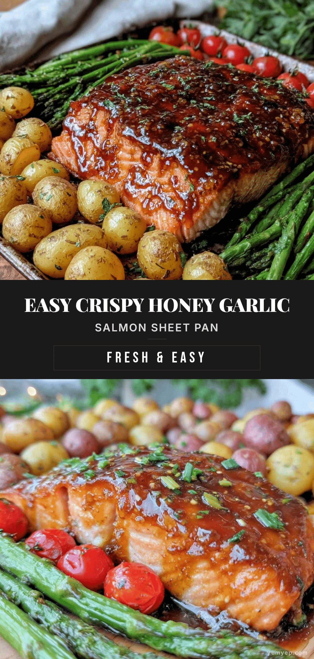easy crispy honey garlic salmon sheet pan dinner recipe