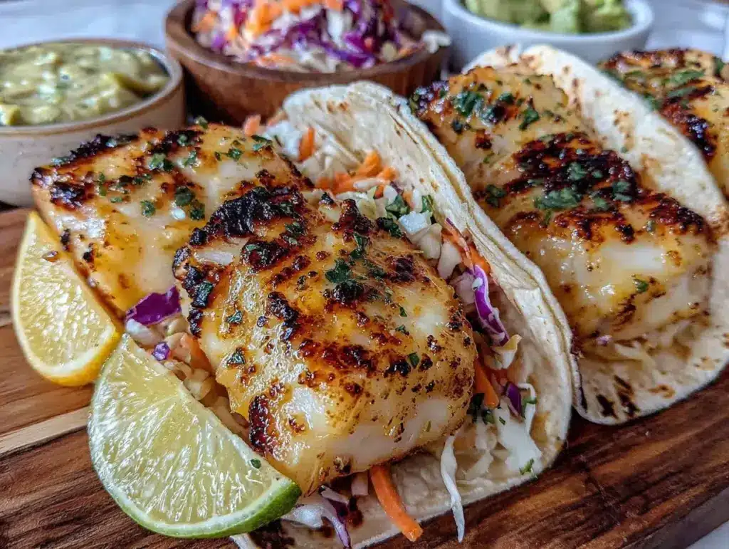 fresh lemon herb grilled fish tacos - featured image