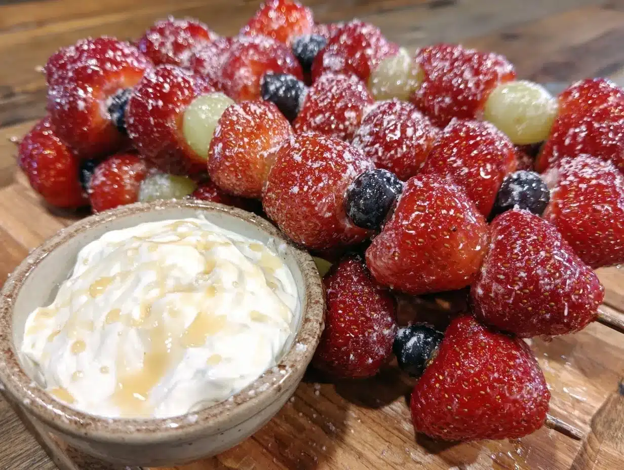 fresh red white blue fruit skewers preparation steps
