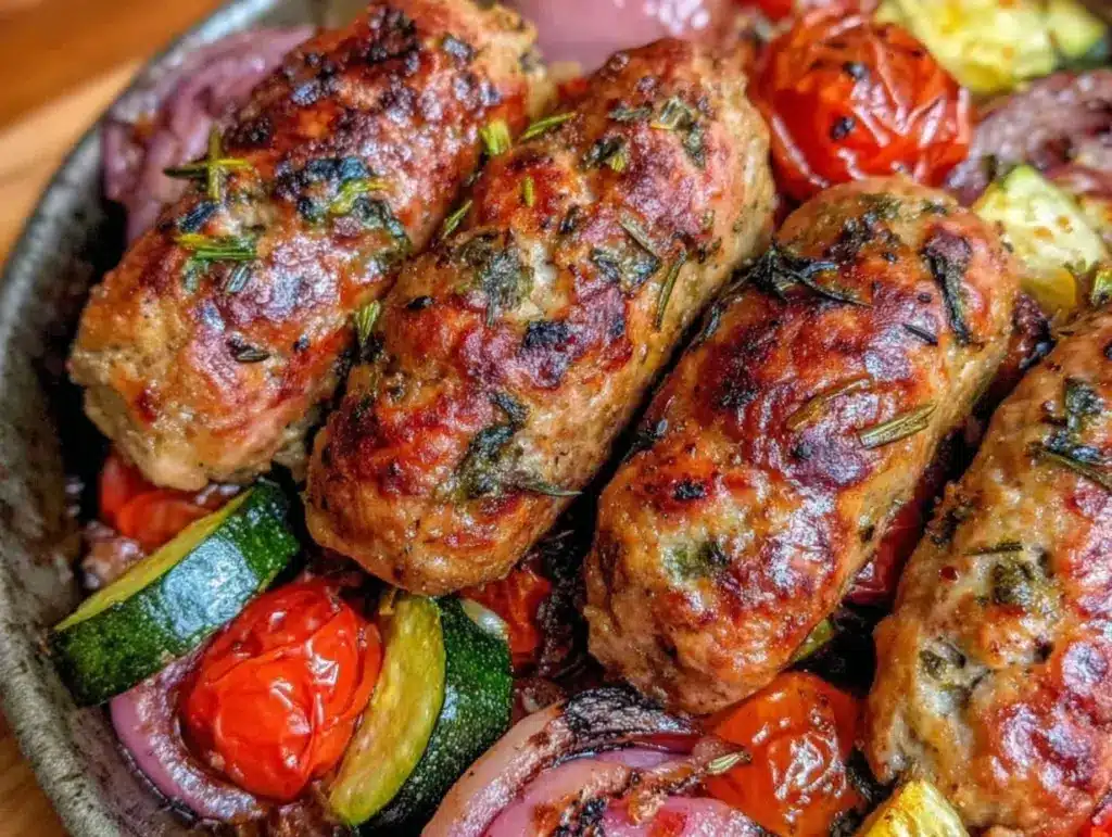 one-pan sausage and vegetable bake - featured image