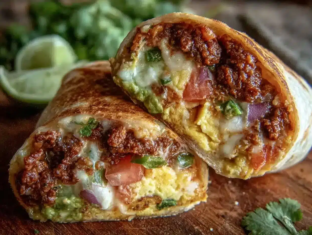 savory loaded breakfast burrito with chorizo and eggs preparation steps