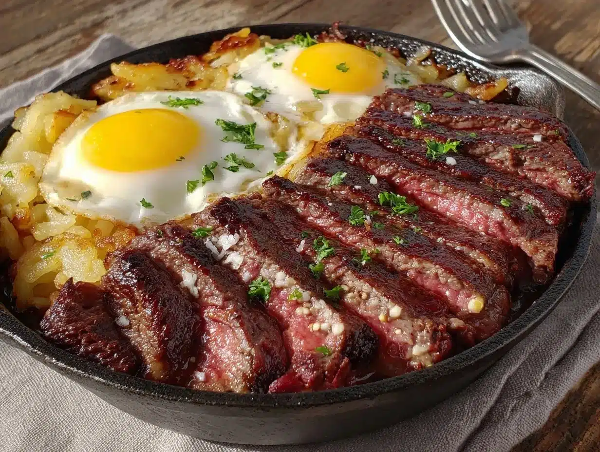steak and eggs breakfast skillet preparation steps