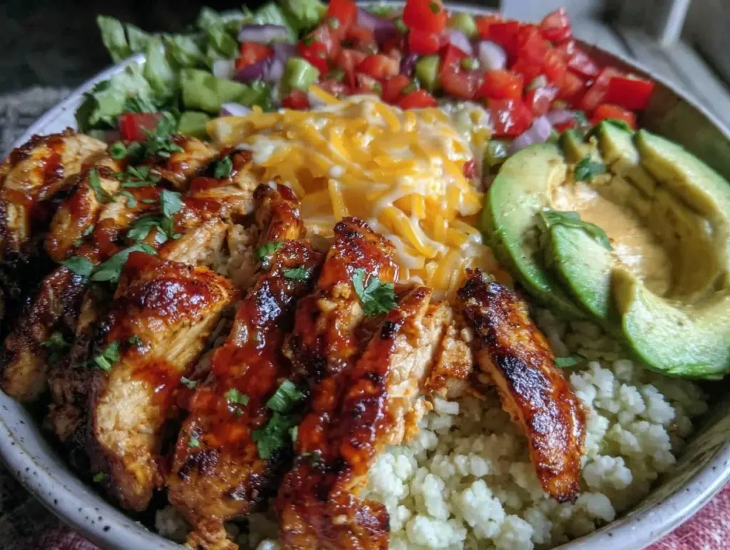 chicken burrito bowl with cauliflower rice - featured image