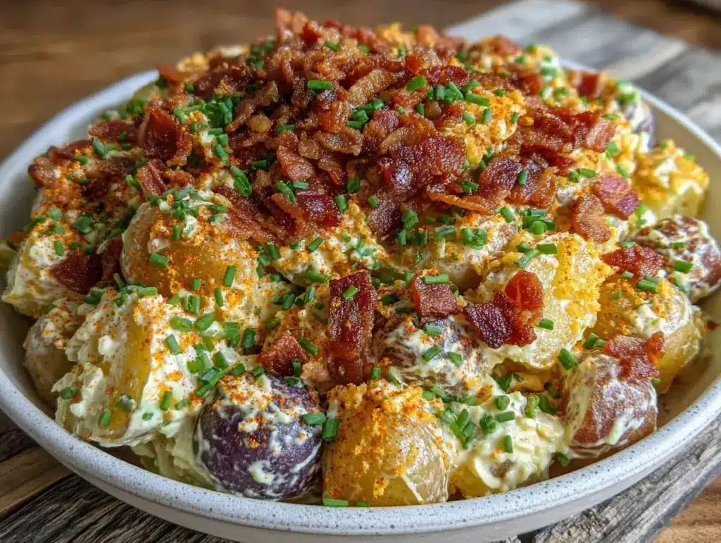 creamy loaded patriotic potato salad with bacon - featured image