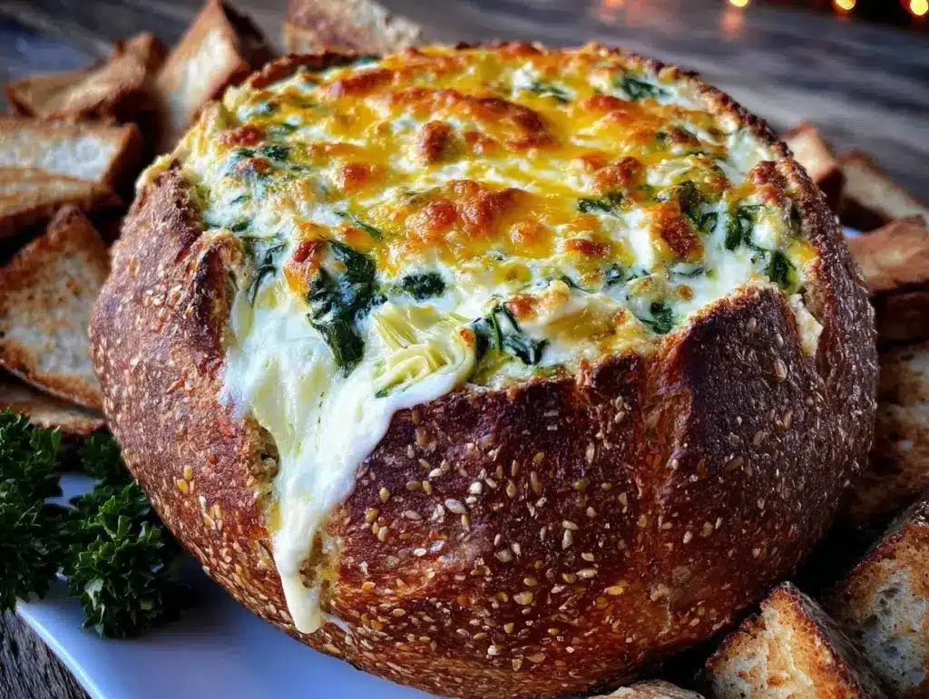 creamy spinach artichoke dip bread bowl - featured image