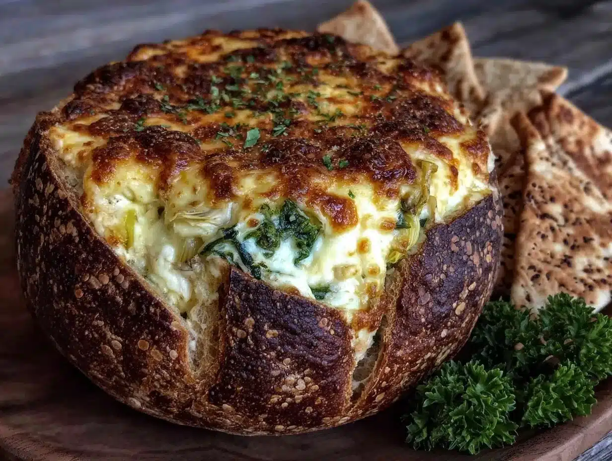 creamy spinach artichoke dip bread bowl preparation steps