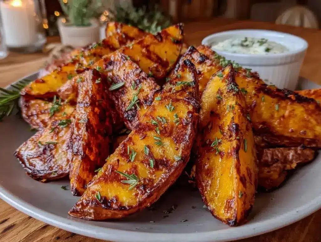 crispy garlic herb grilled potato wedges - featured image