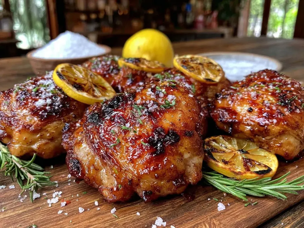 crispy lemon garlic grilled chicken thighs - featured image